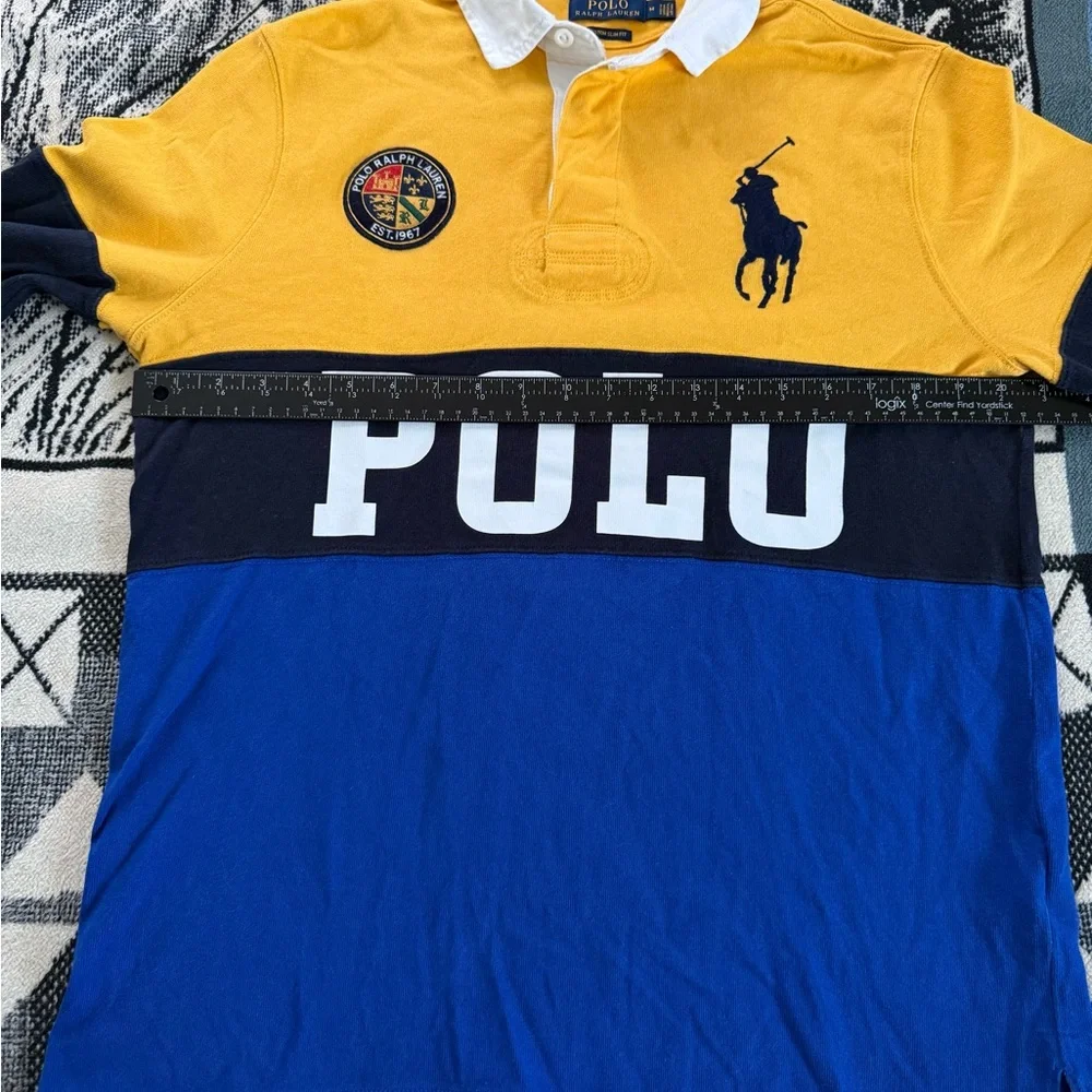 Polo Ralph Lauren Navy Royal Blue/Yellow Gold Colorblock Long Sleeve PatchedPolo